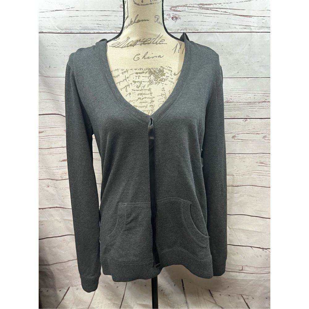 Calvin Klein Womens Gray Hooded Cardigan V Neck Long Sleeve Pockets Size L